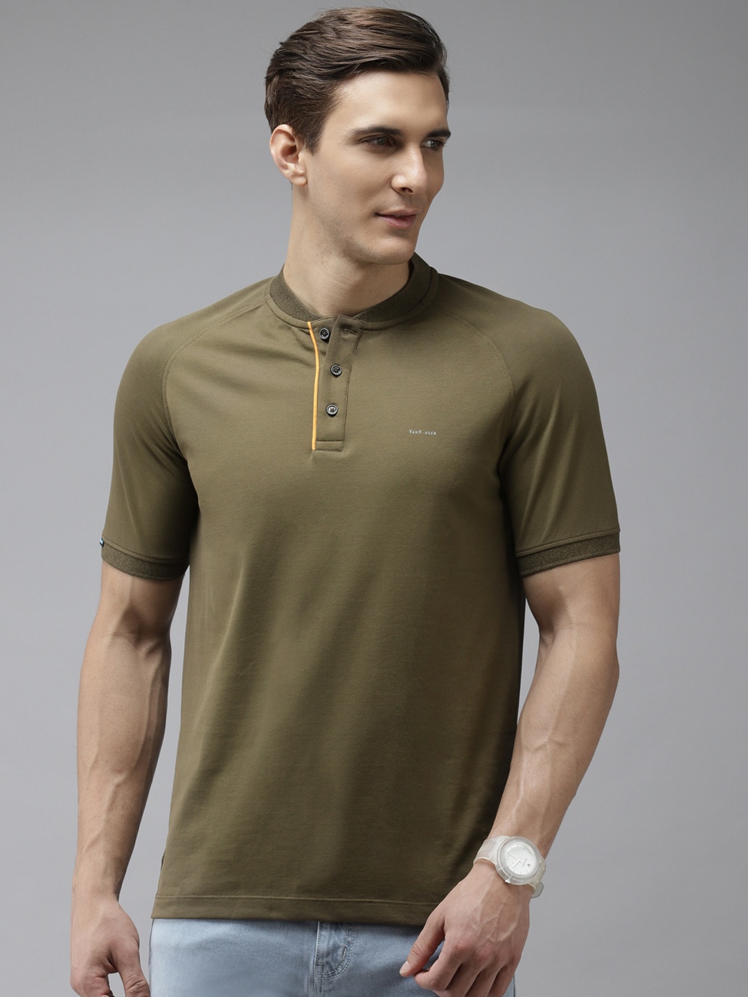 

Van Heusen Men Olive Green Mandarin Collar T-shirt