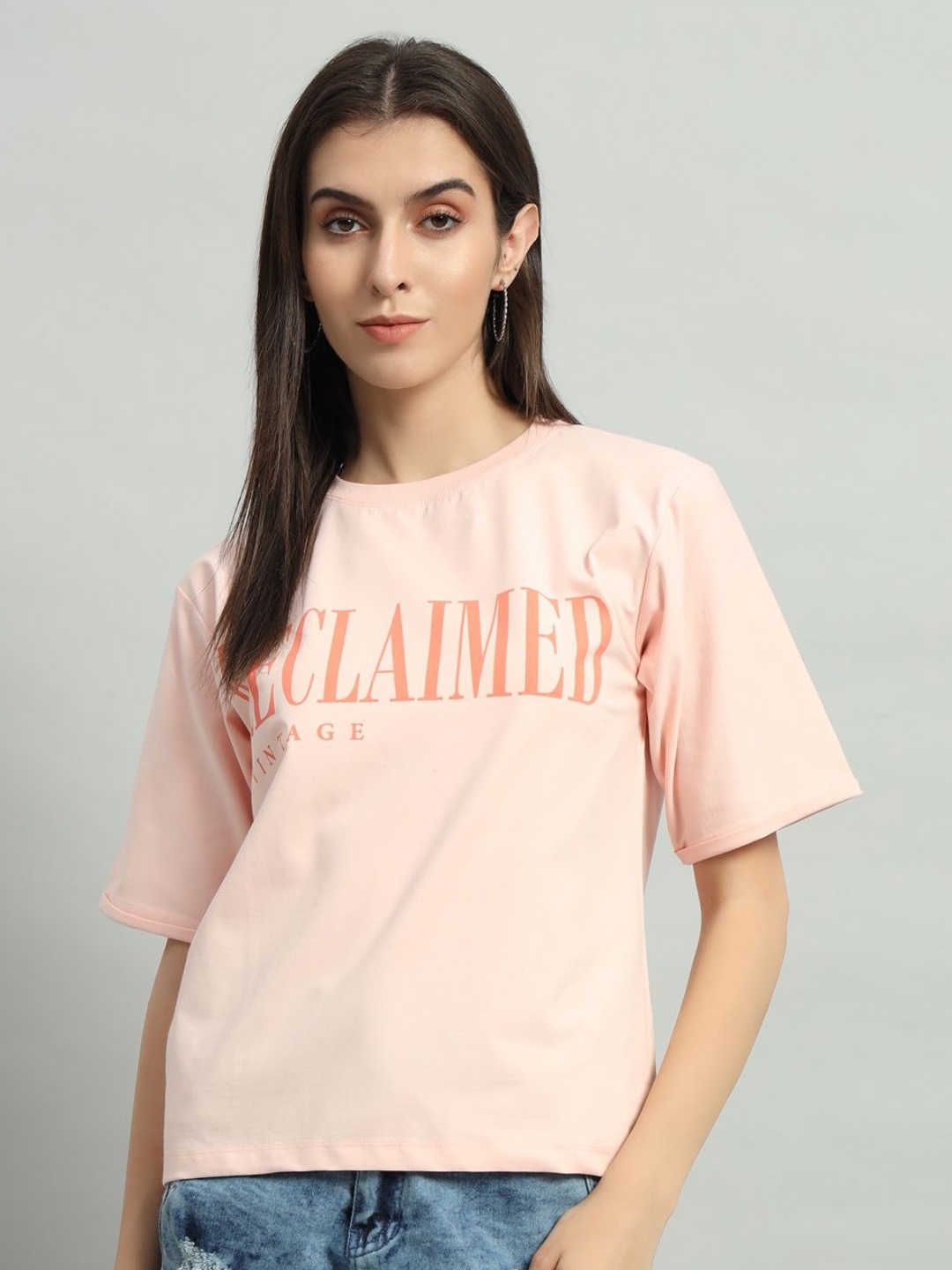 

AECK Women Typography Printed Round Neck Cotton T-Shirt, Peach