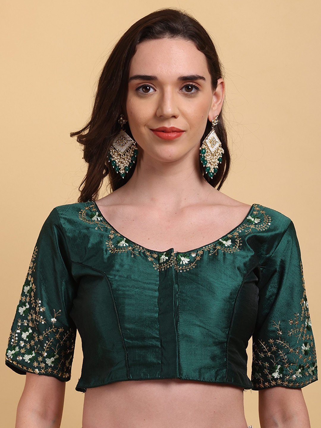 

Globon Impex Embellished Silk Saree Blouse, Green