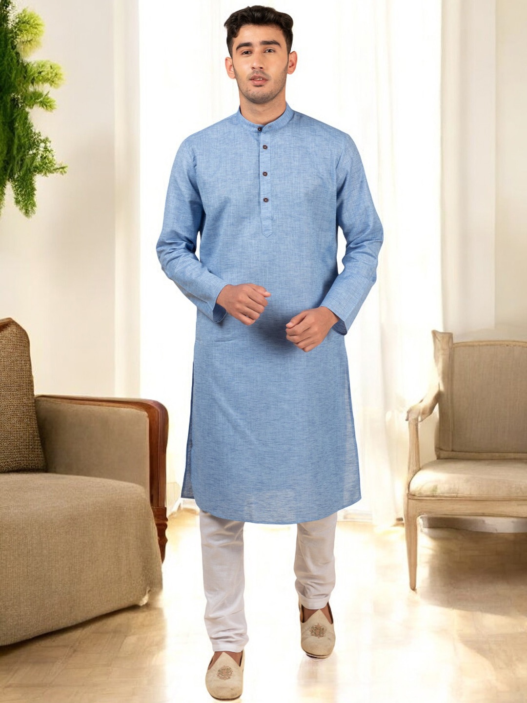 

TATTVA Band Collar Regular Pure Cotton Kurta with Pyjamas, Blue