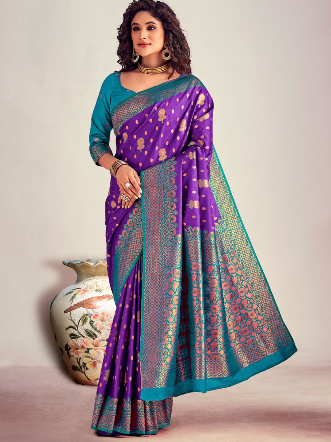 

NK Textiles Woven Design Zari Silk Blend Banarasi Saree, Purple