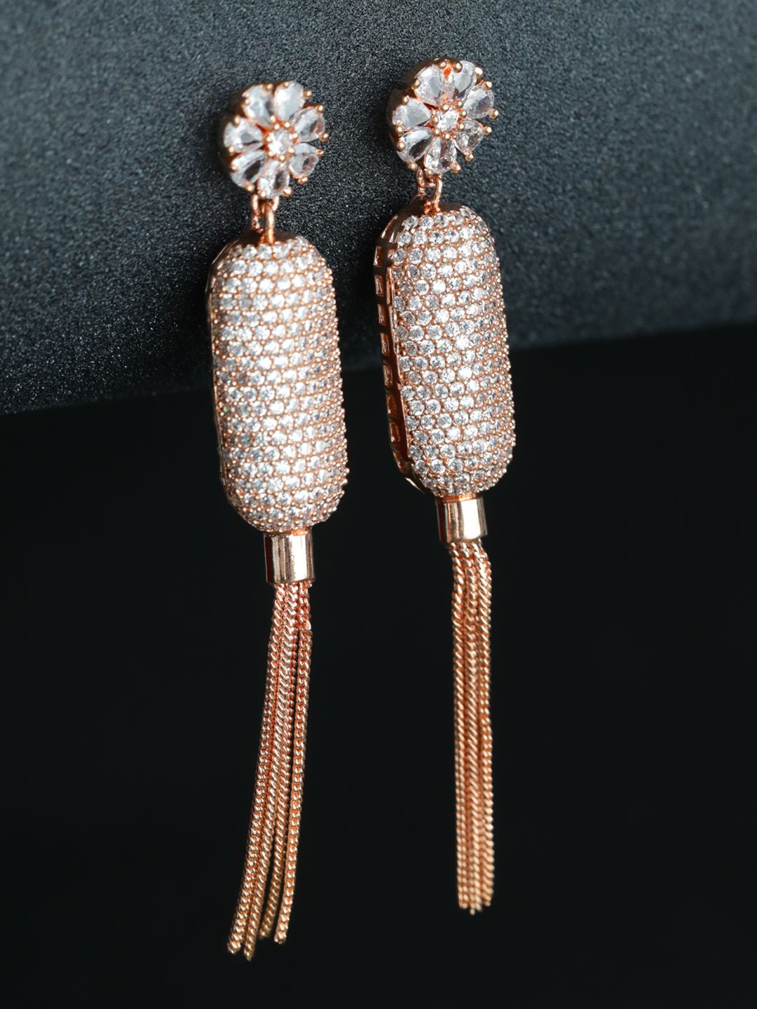 

Jazz and Sizzle Rose Gold Plated Geometric American Diamond Studded Drop Earrings