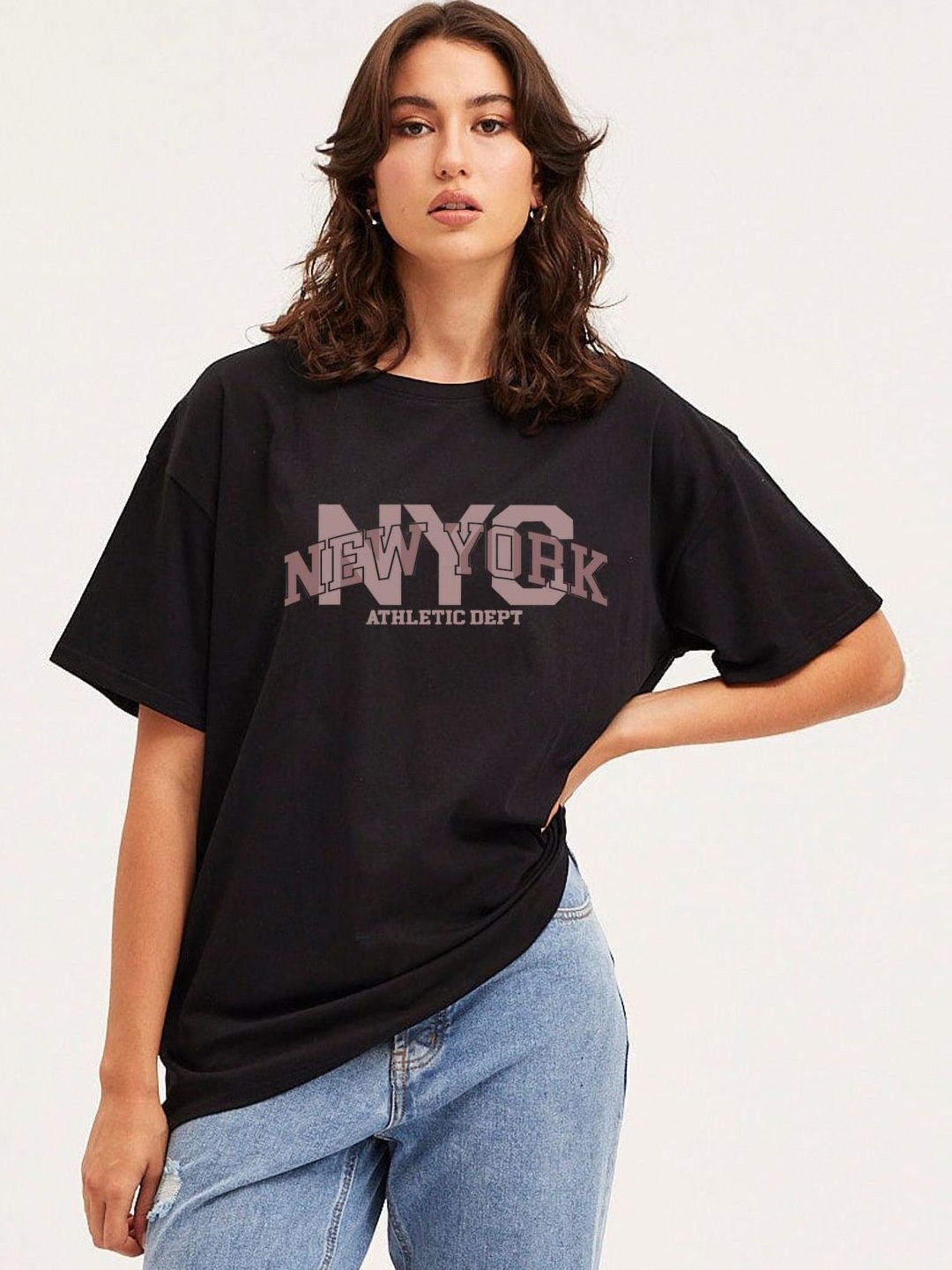 

Genzy Women Typography Printed Drop-Shoulder Sleeves Applique T-shirt, Black