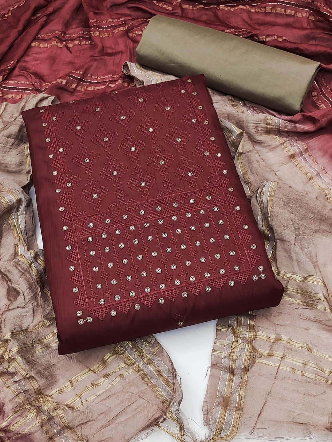 

Aika Ethnic Motifs Embroidered Unstitched Dress Material, Maroon