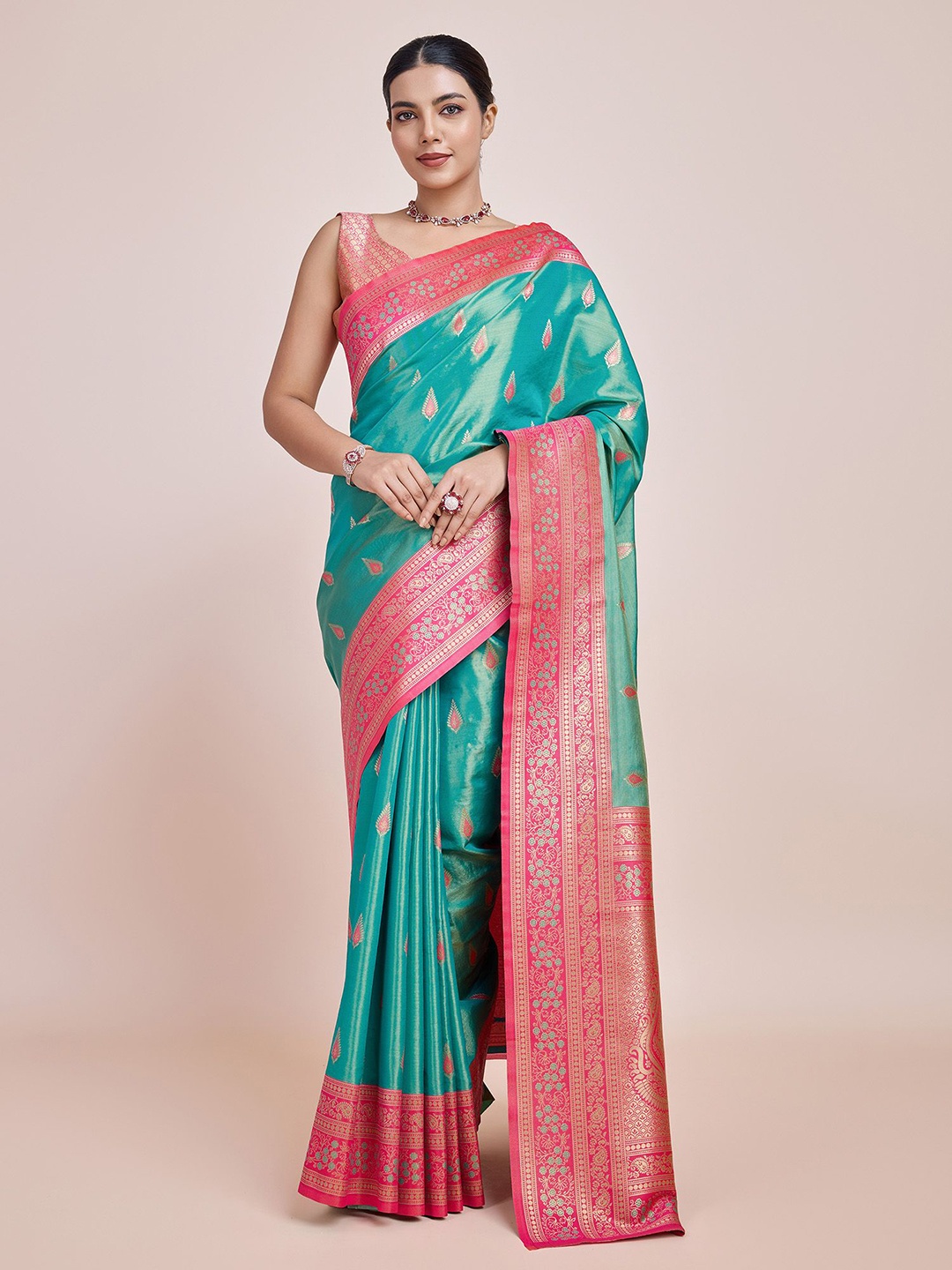 

MONJOLIKA FASHION Woven Design Zari Tissue Banarasi Saree, Turquoise blue