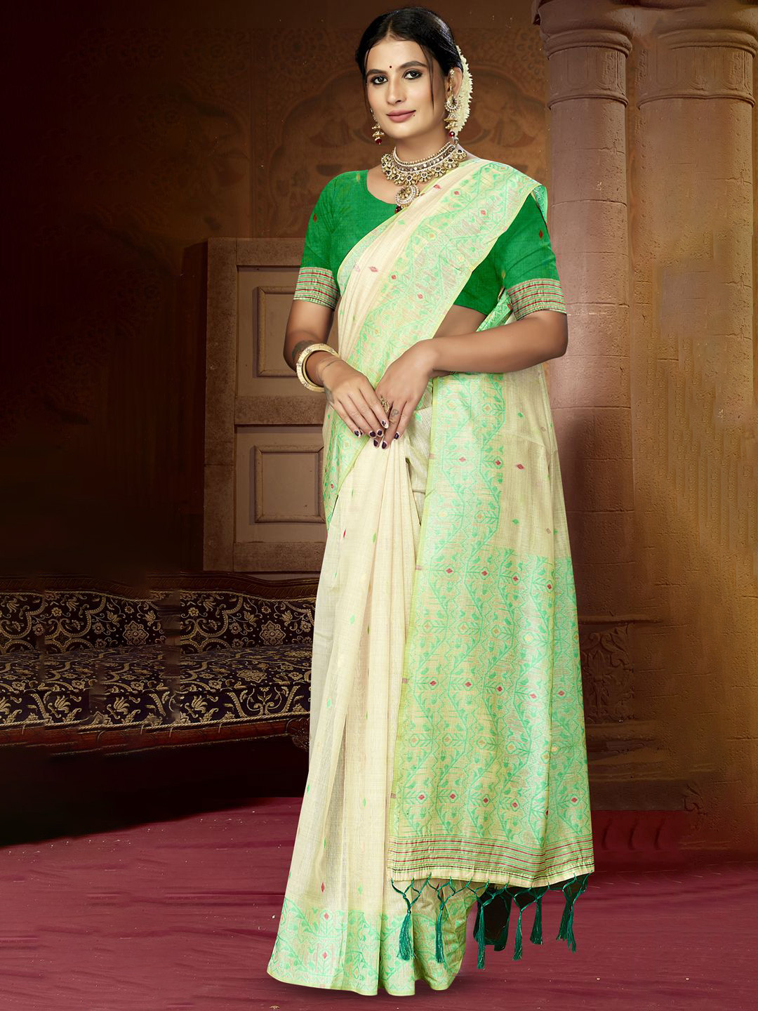 

Ishin Woven Design Zari Saree, Cream