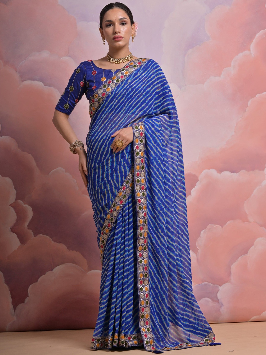 

Panzora Women Leheriya Embroidered Saree, Blue