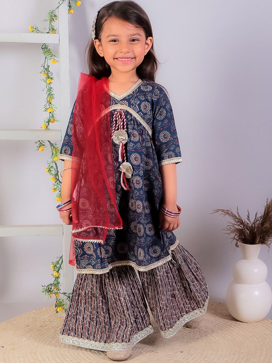 

BownBee Girls Floral Printed Empire Pure Cotton Anarkali Kurta With Sharara & Dupatta, Blue