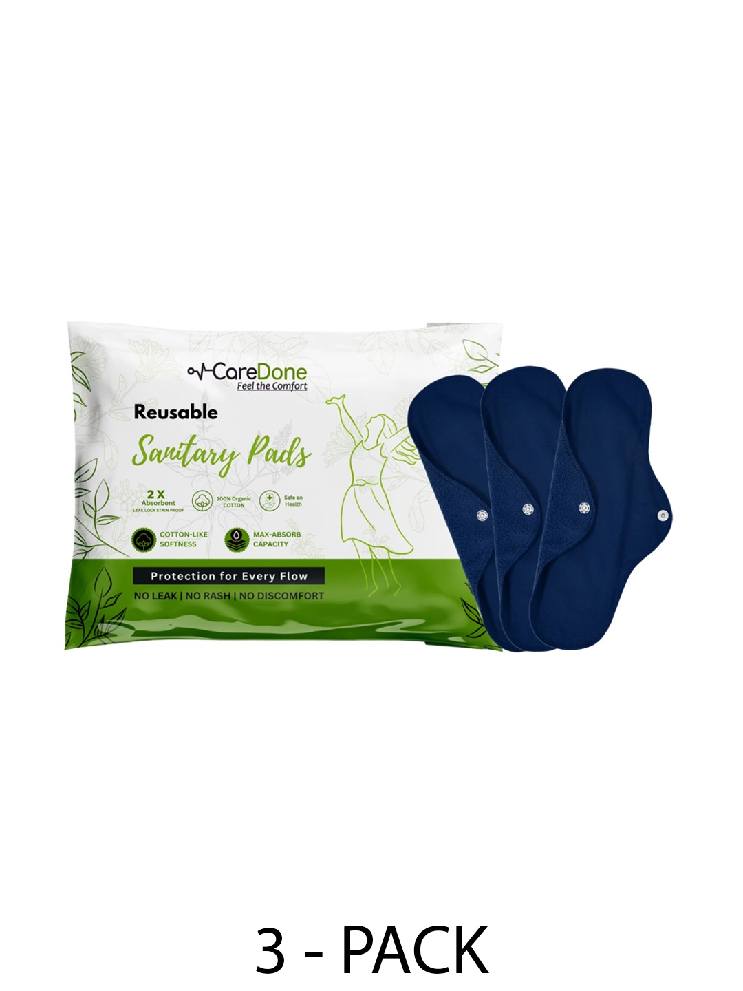 

CareDone Set Of 3 Reusable 100% Organic Cotton Sanitary Cloth Pads - XL, Navy blue
