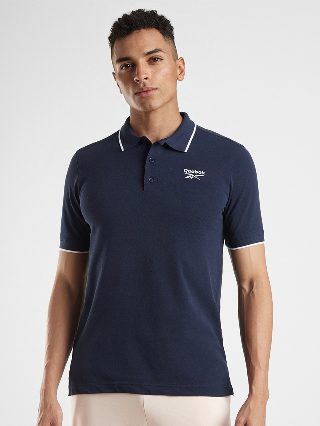

Reebok Left Chest Logo Polo Collar Pure Cotton T-Shirt, Navy blue