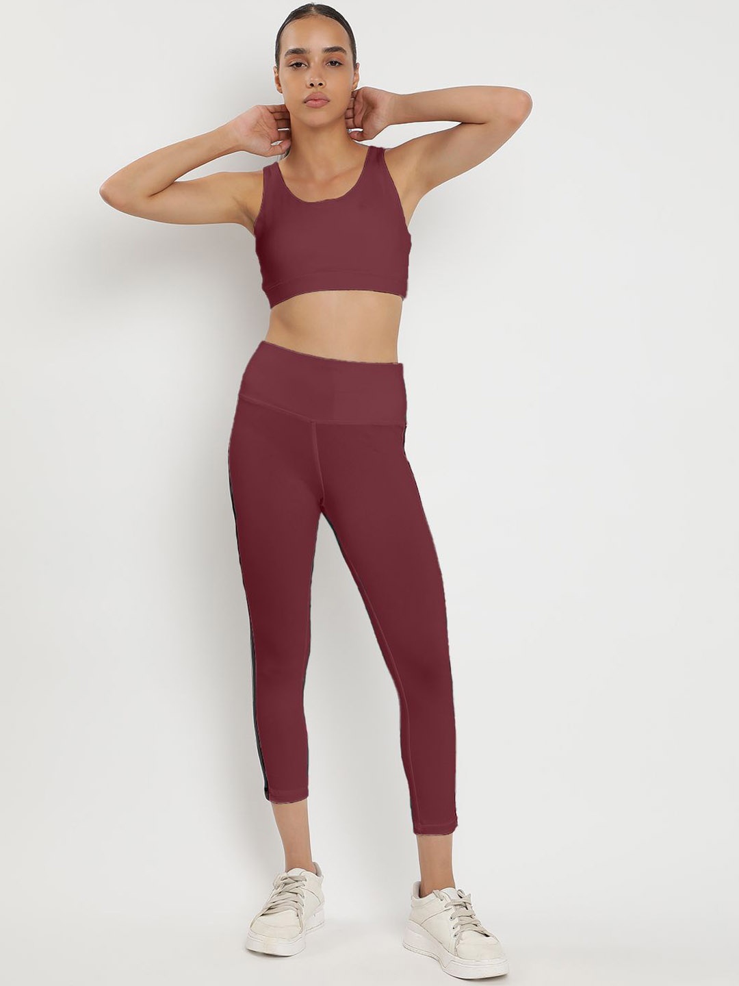 

Wearjukebox Sports Bra & High Rise Crop Leggings Tracksuits, Maroon