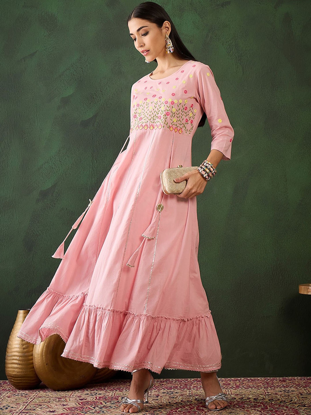 

Sangria Floral Embroidered Pure Cotton Fit and Flare Ethnic Dress, Pink