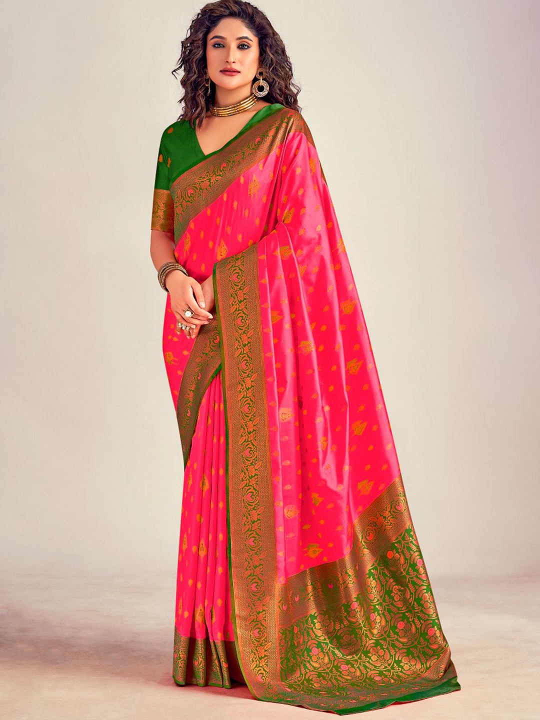 

NK Textiles Woven Design Zari Silk Blend Banarasi Saree, Pink