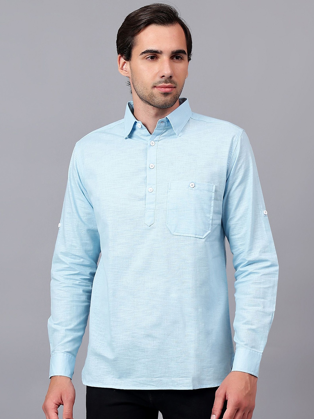 

Yugnik Spread Collar Roll-Up Sleeves Cotton Kurta, Blue