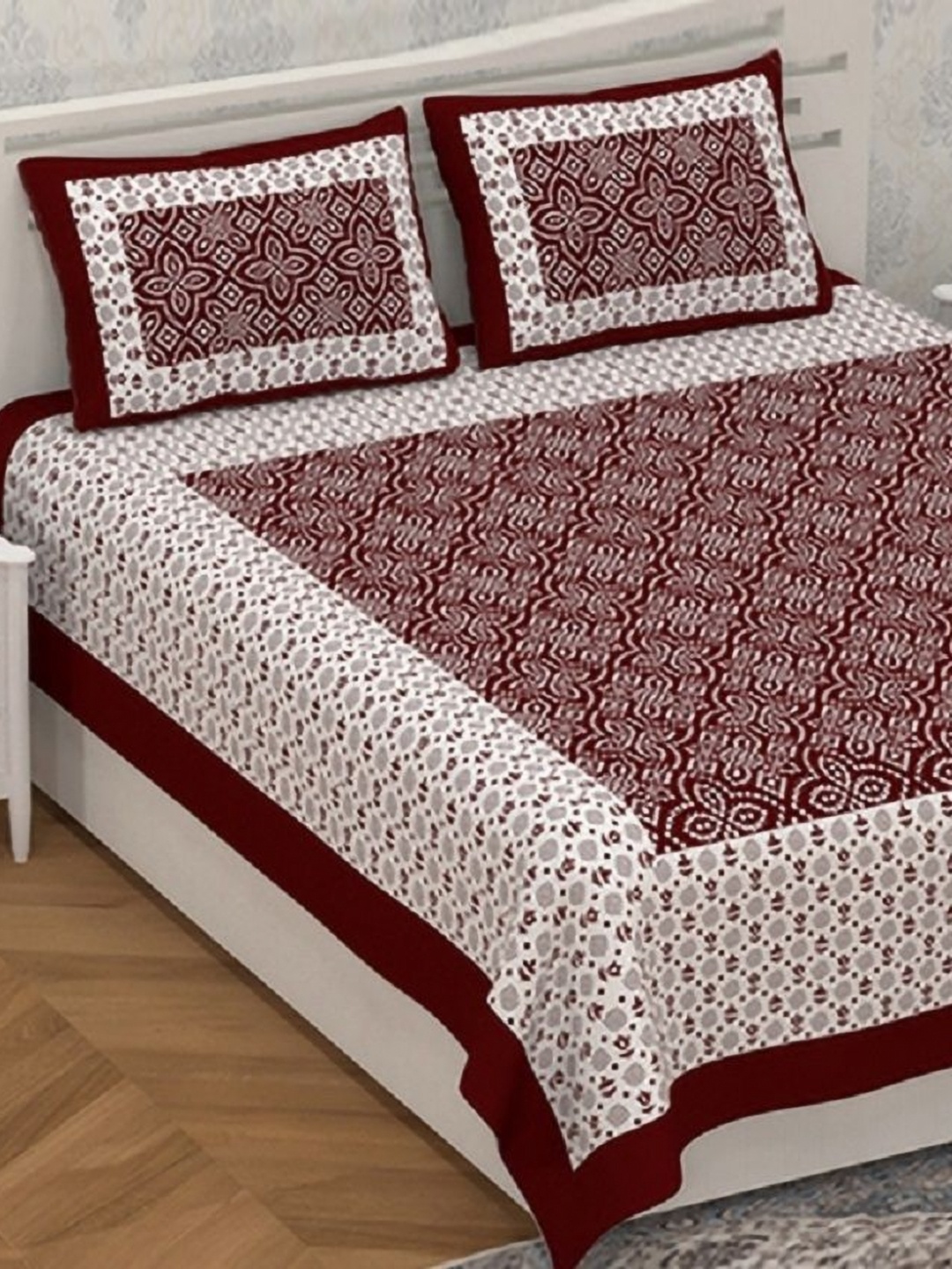 

AYAT COLLECTION Maroon & White Ethnic 144 TC Pure Cotton Queen Bedsheet & 2 Pillow Covers