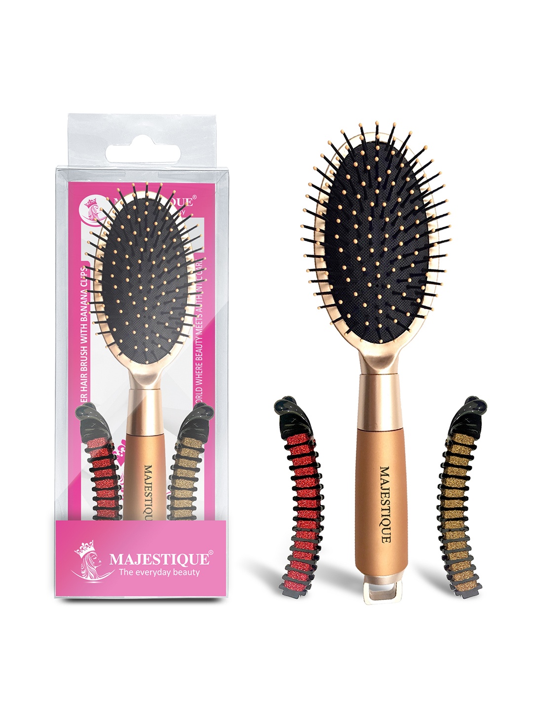 

MAJESTIQUE Detangler Hair Brush With 2 Banana Clips, Multi