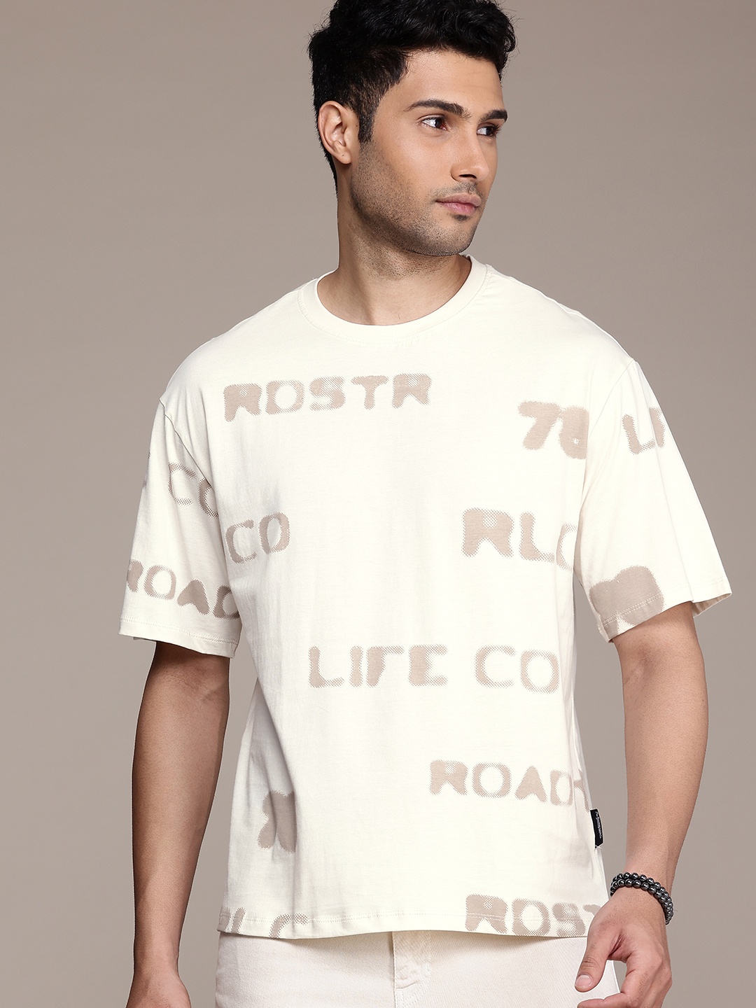 

The Roadster Life Co. Brand Logo Printed Relaxed Fit Pure Cotton T-shirt, Beige