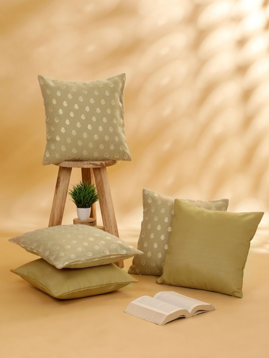 

ROSARA HOME Beige & Gold Toned 5 Pieces Floral Square Cushion Covers