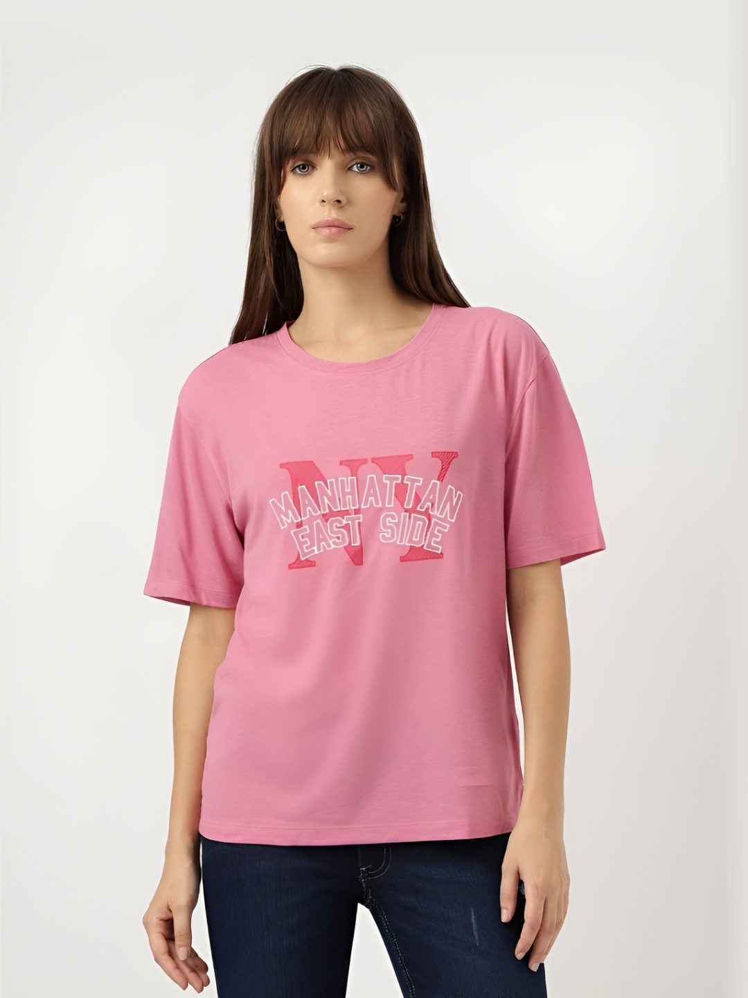 

Marks & Spencer Women Typography Printed Round Neck Oversized T-Shirt, Pink