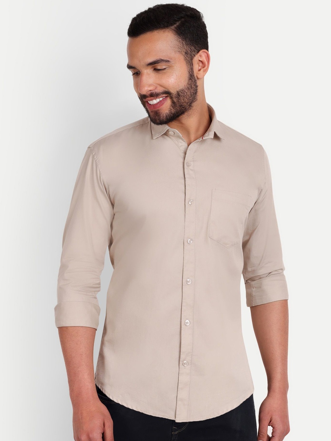 

MEGHZ Men Slim Fit Opaque Casual Shirt, Beige