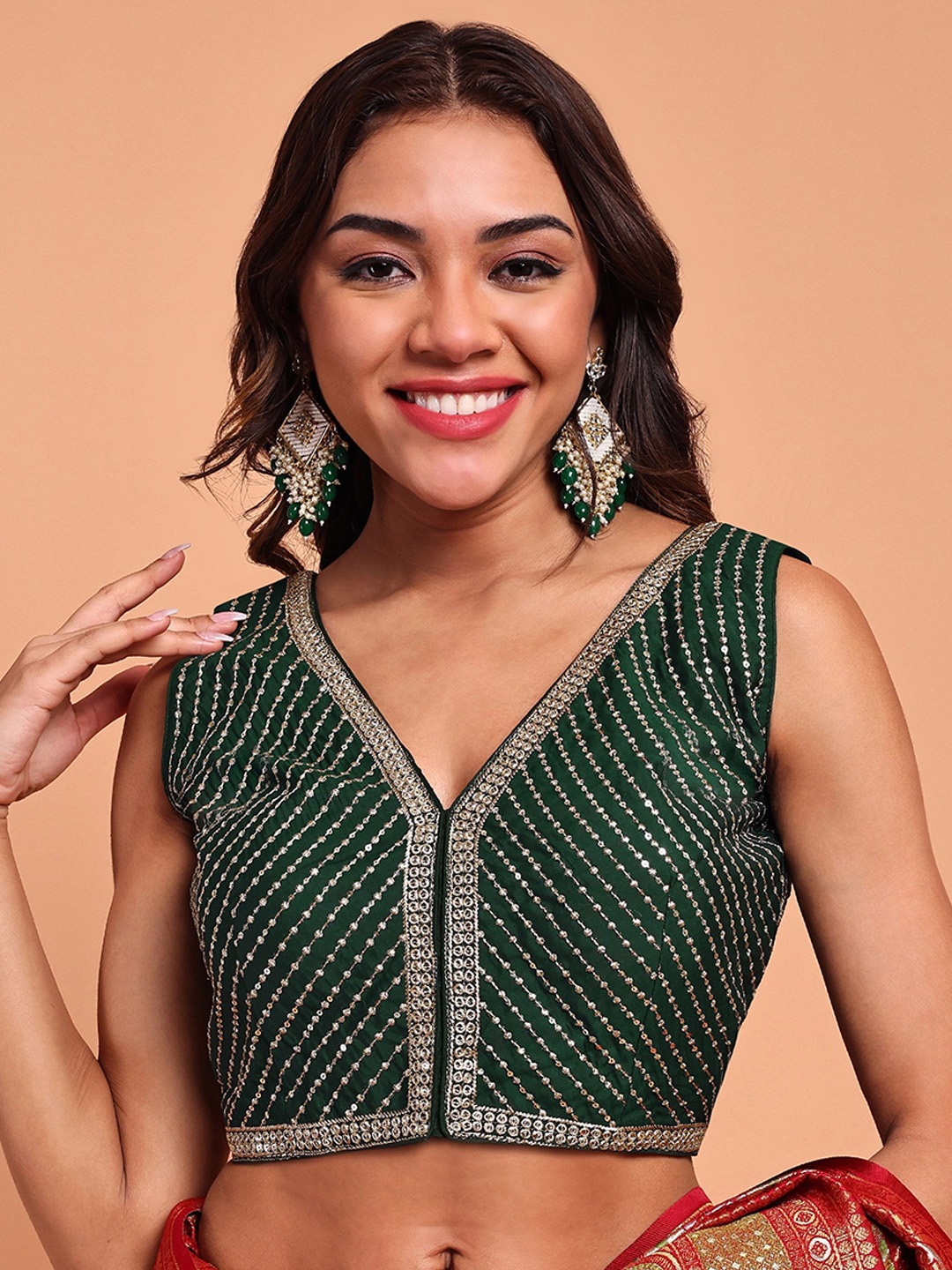 

Globon Impex Embellished Silk Saree Blouse, Green
