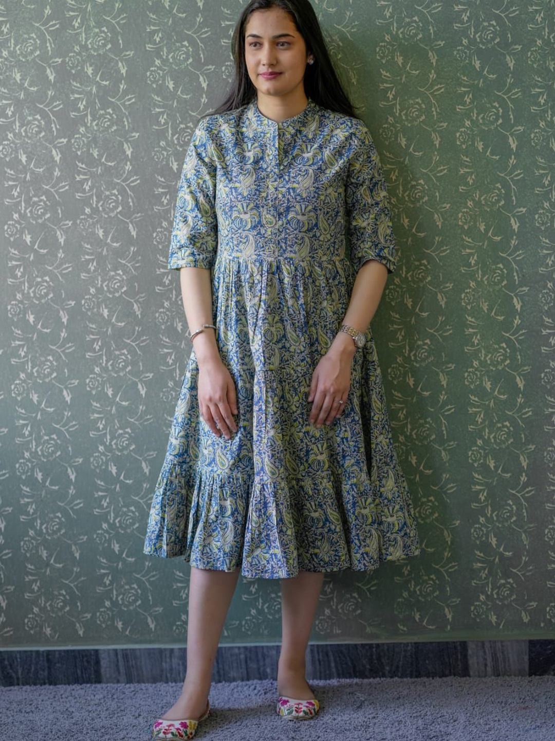 

JAIPURI BUNAAI Ethnic Motifs Printed Fit & Flare Midi Dress, Multi