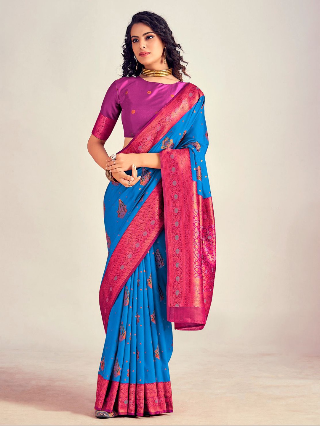 

NK Textiles Woven Design Zari Silk Blend Kanjeevaram Saree, Turquoise blue