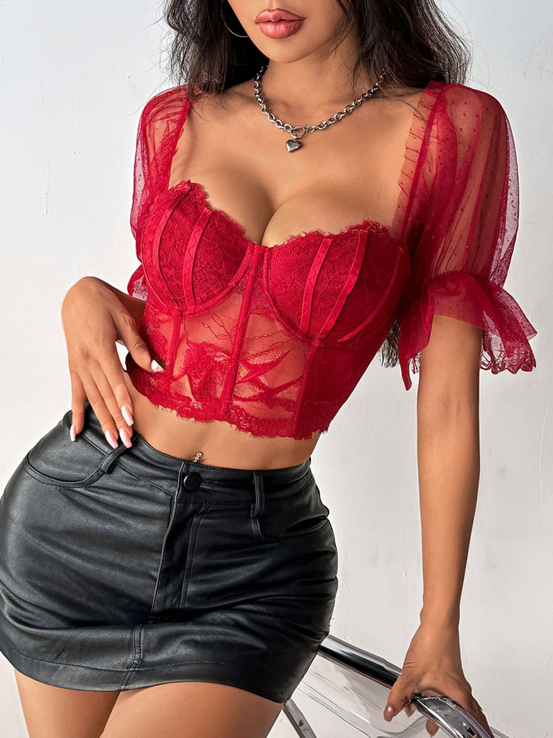 

StyleCast Sweetheart Neck Flared Sleeve Bralette Crop Top, Red