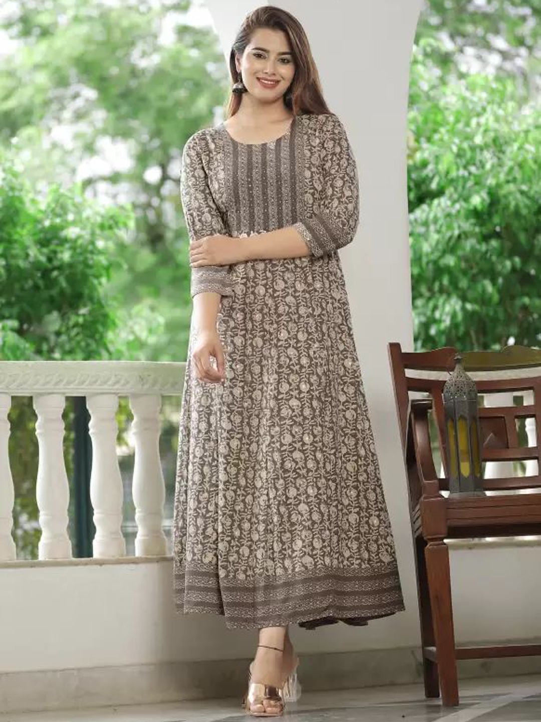 

QBO FASHION Printed Round Neck Thread Work Anarkali Dress, Brown