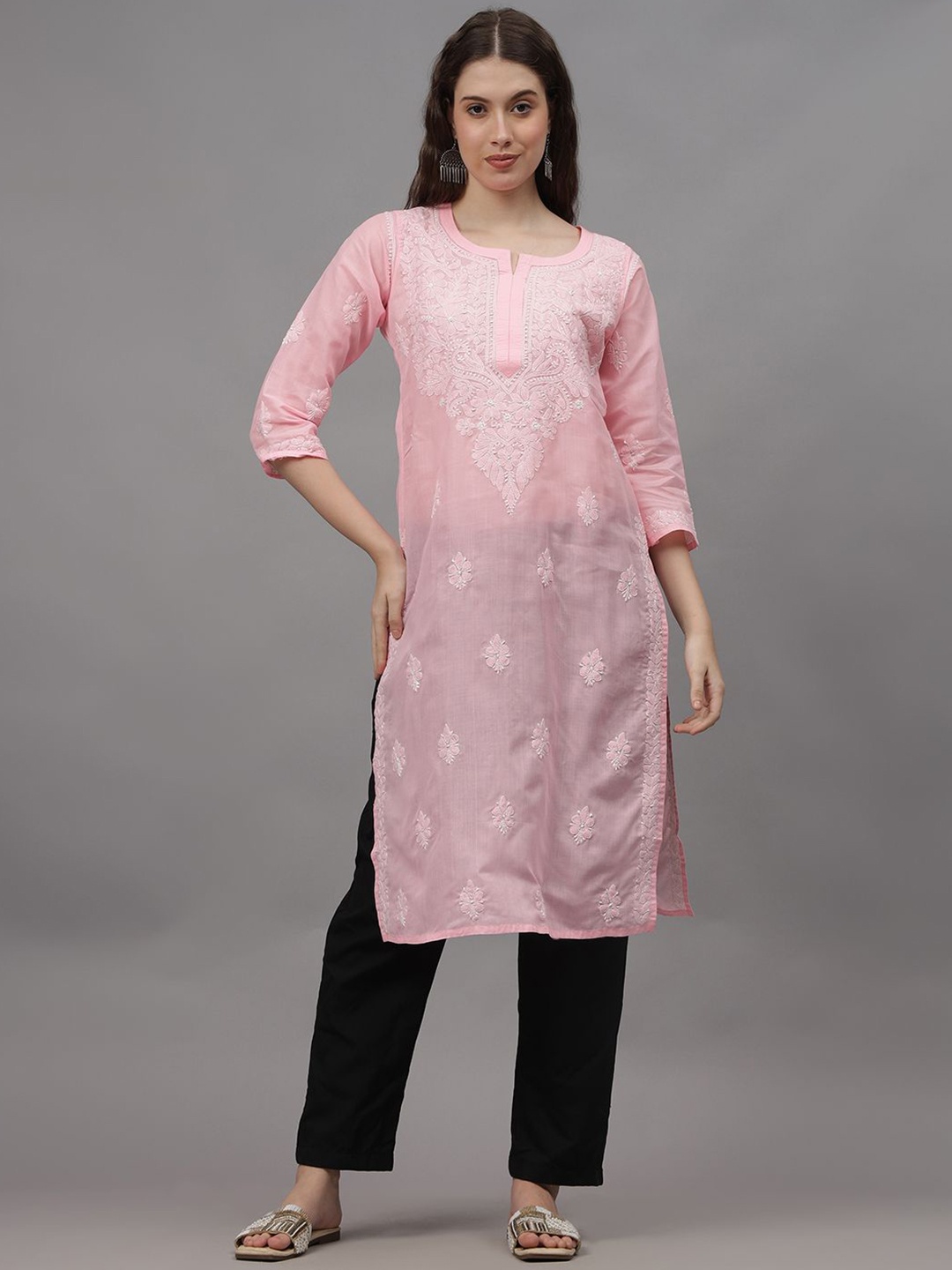

Seva Chikan Ethnic Motifs Embroidered Lucknowi Chikankari Cotton Straight Kurta, Pink