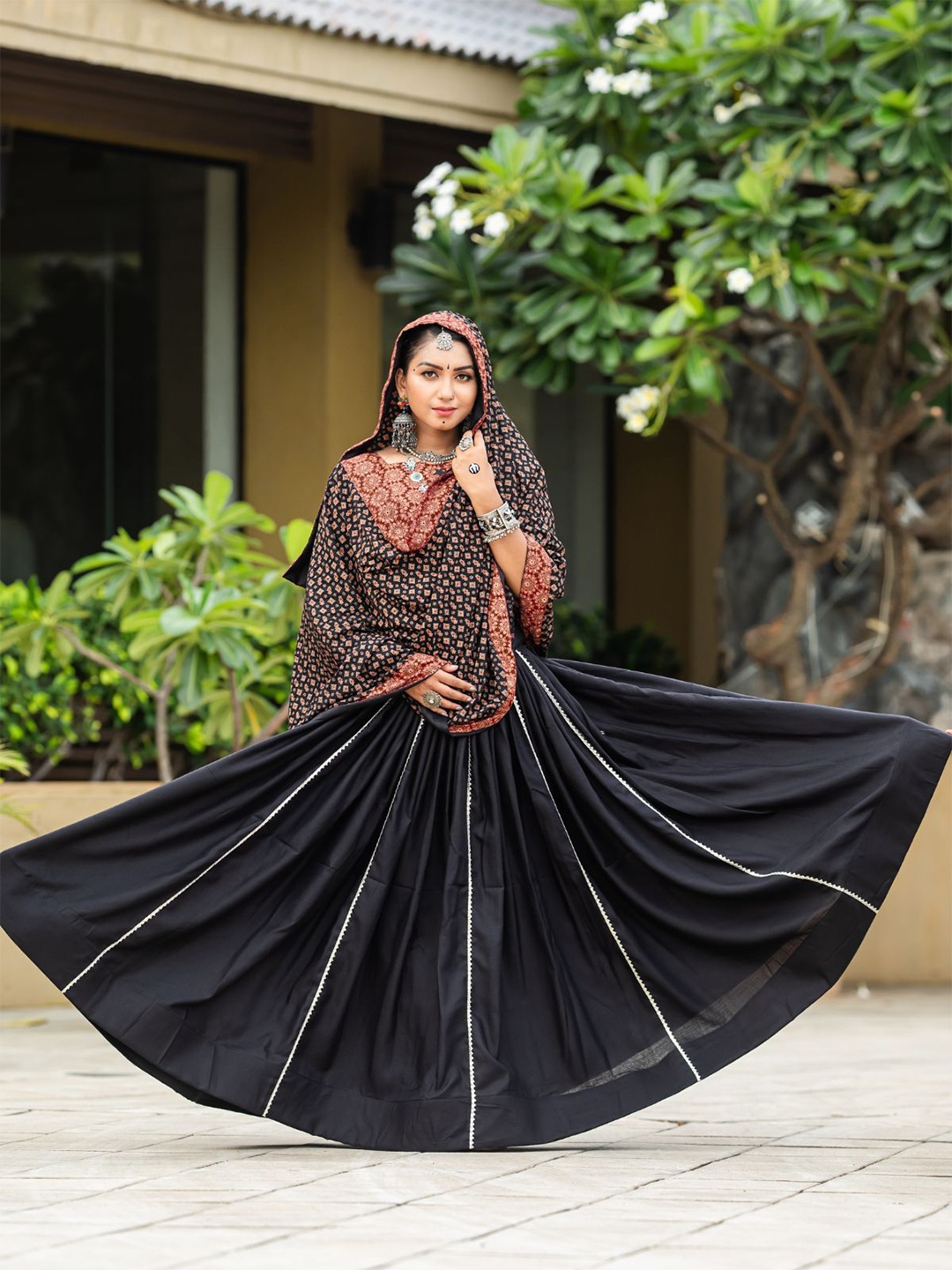 

ODETTE Printed Cotton Ready to Wear Lehenga & Blouse With Dupatta, Black