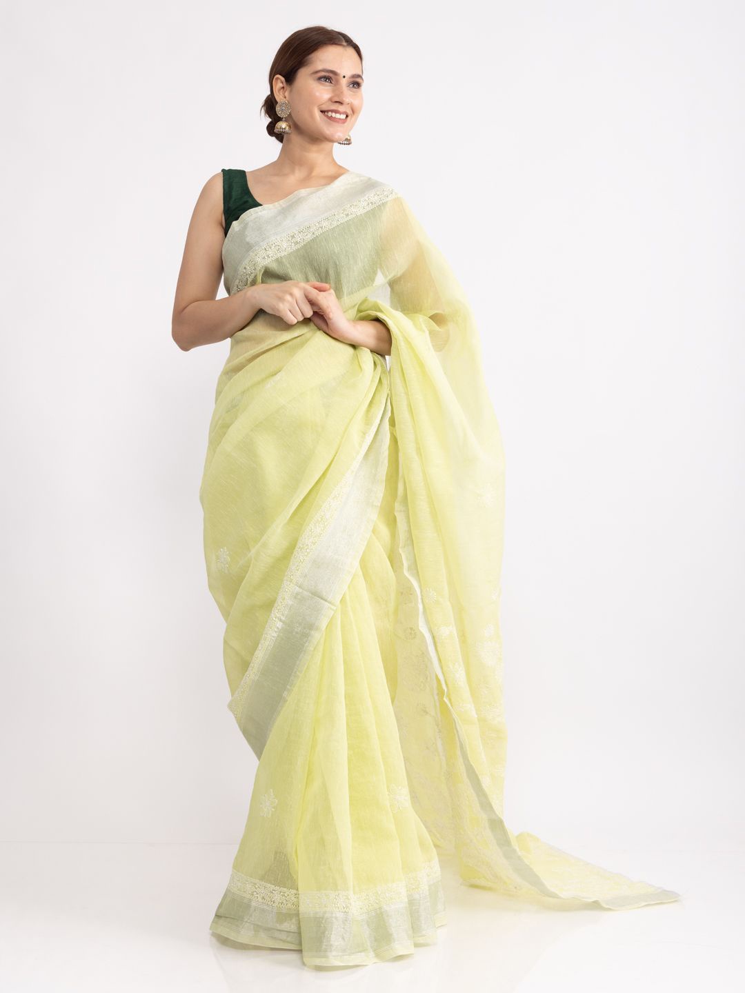 

Hastya Kala Embroidered Ethnic Motifs Chikankari Chanderi Saree, Lime green