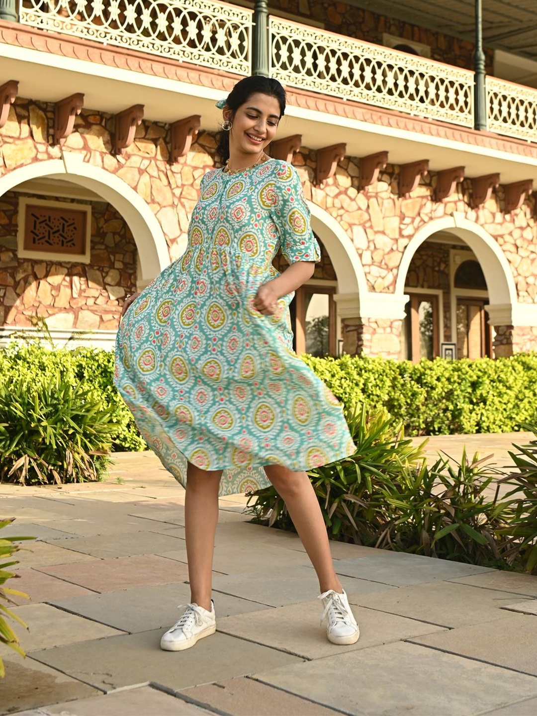 

SAVI Ethnic Motifs Print Liva A-Line Dress, Sea green