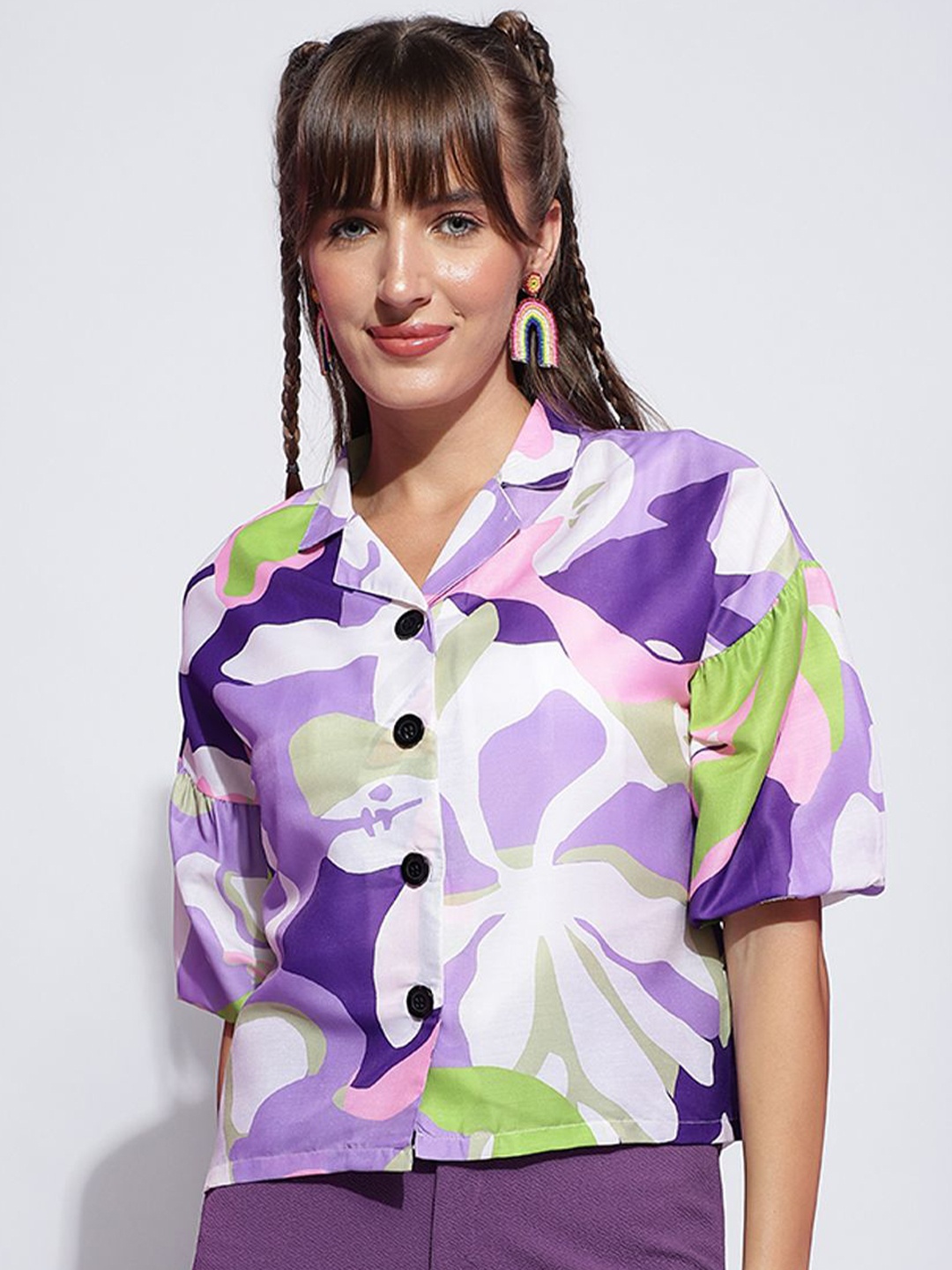 

FashionsEye Print Bishop Sleeves Boxy Crop Top, Purple