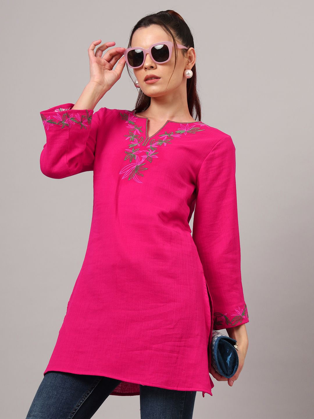 

CHARMGAL Floral Embroidered Thread Work Pure Cotton Thread Work Kurti, Pink