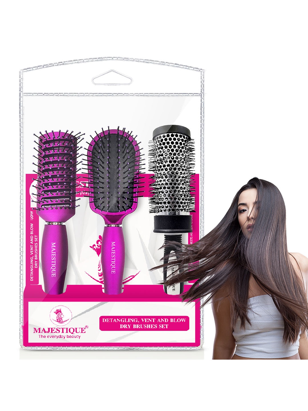 

MAJESTIQUE Detangling, Vent & Blow Dry Brushes Set, Pink