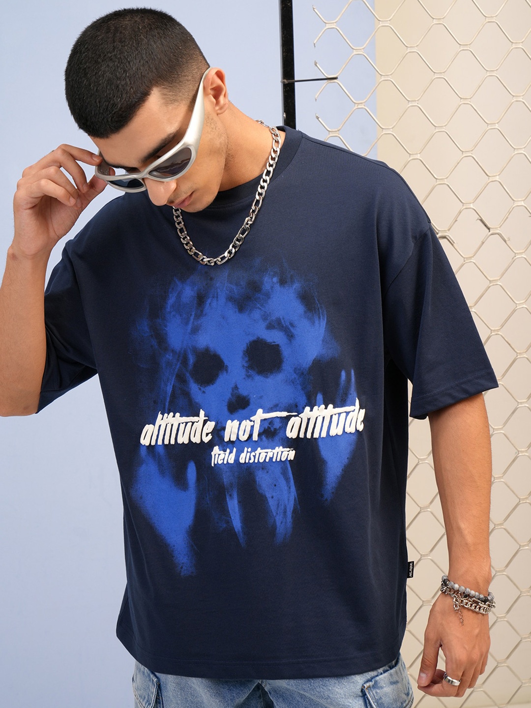 

HIGHLANDER Puff Printed Round Neck Half Sleeve Oversized T Shirt, Navy blue