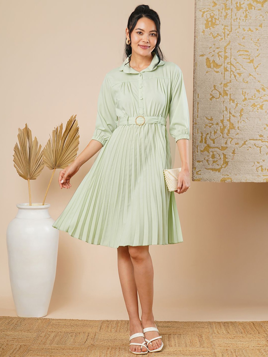 

CARTYSHOP Solid Puff Sleeve Crepe Fit & Flare Midi Dress, Green