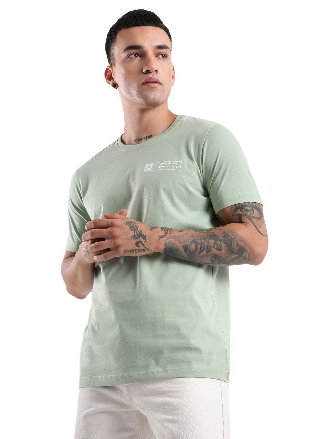 

WROGN Men Solid Round Neck Cotton Slim Fit T-Shirt, Green