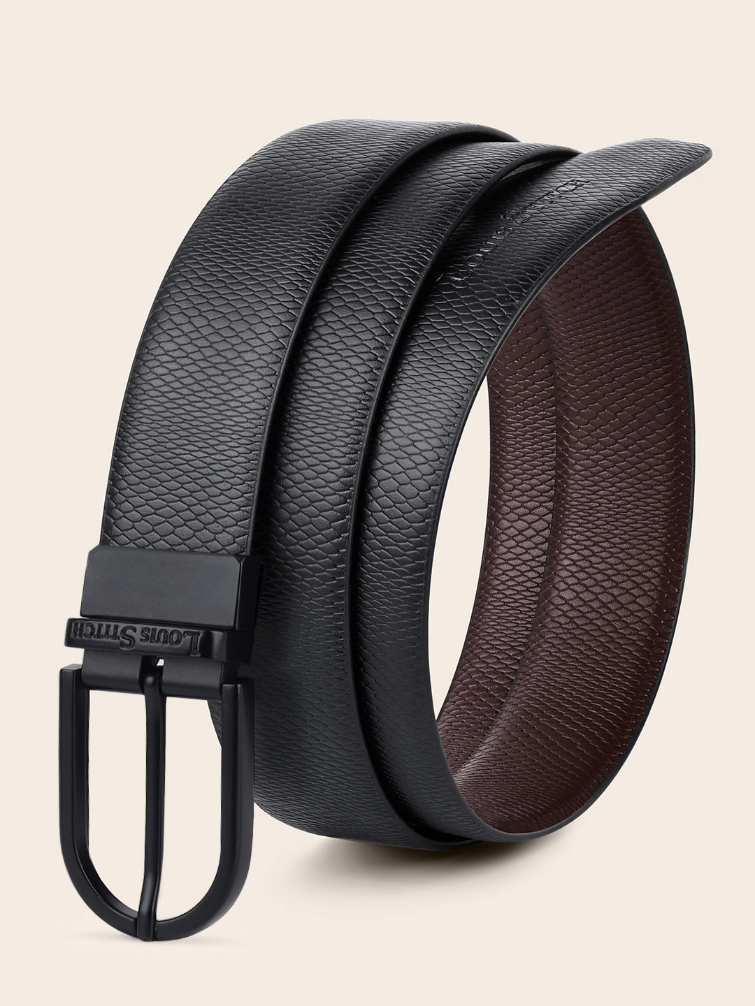 

LOUIS STITCH Men Textured Reversible Leather Formal Belt, Black