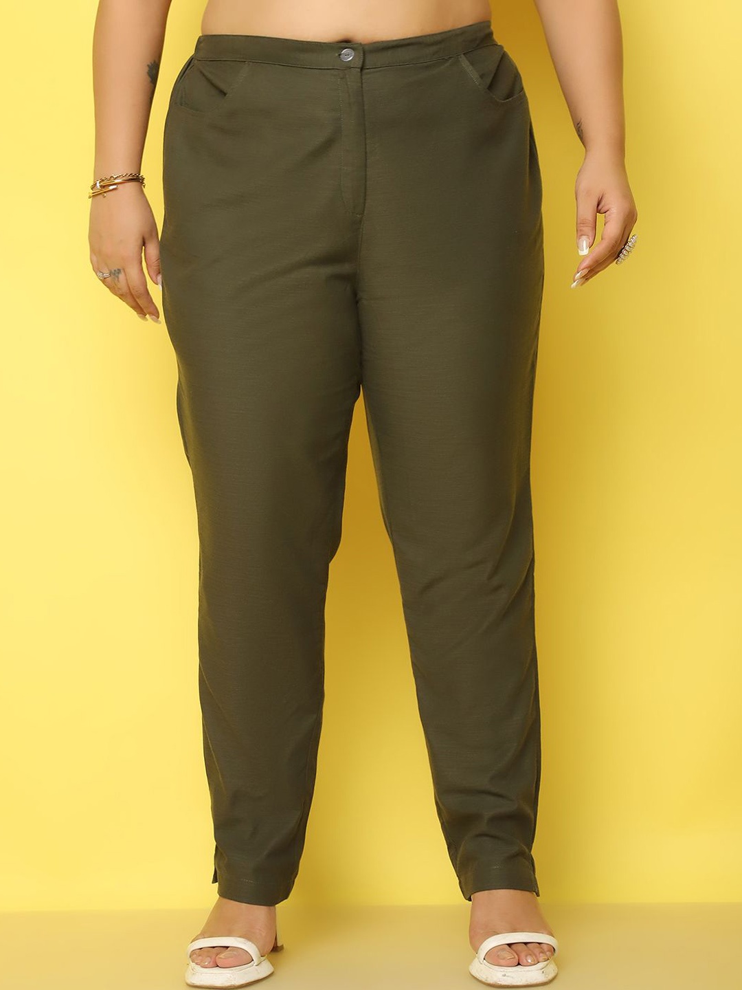 

theRebelinme Women Smart Tapered Fit High-Rise Easy Wash Trousers, Olive