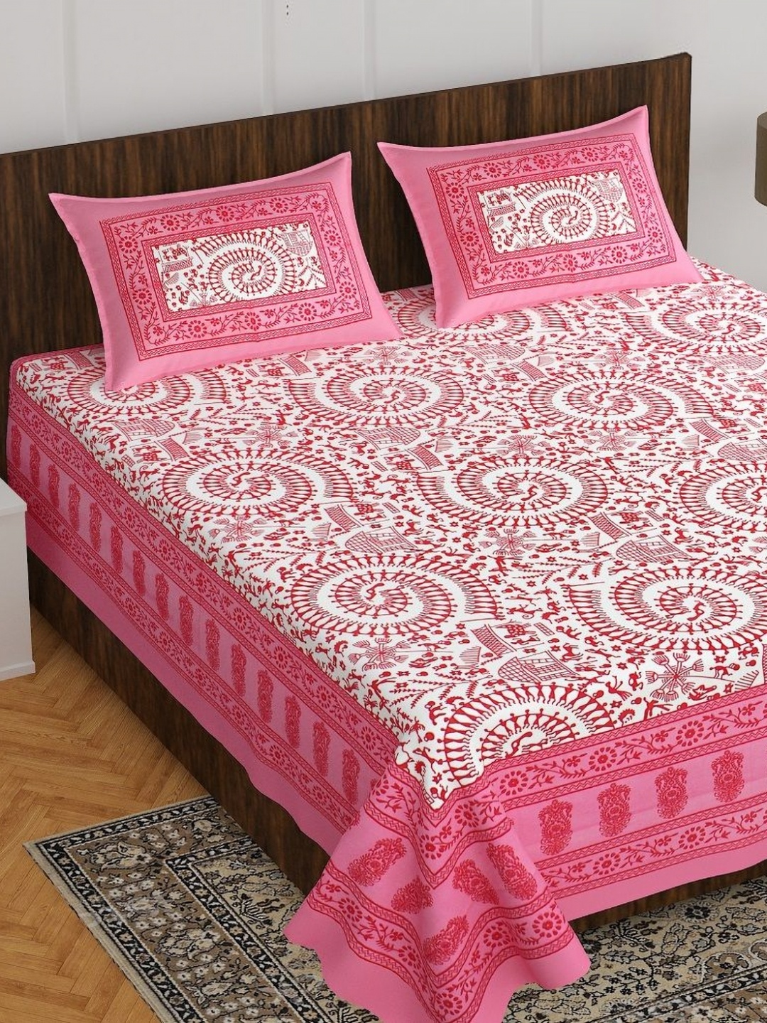 

AYAT COLLECTION Pink Ethnic Motifs 144 TC Pure Cotton Queen Bedsheet & 2 Pillow Covers