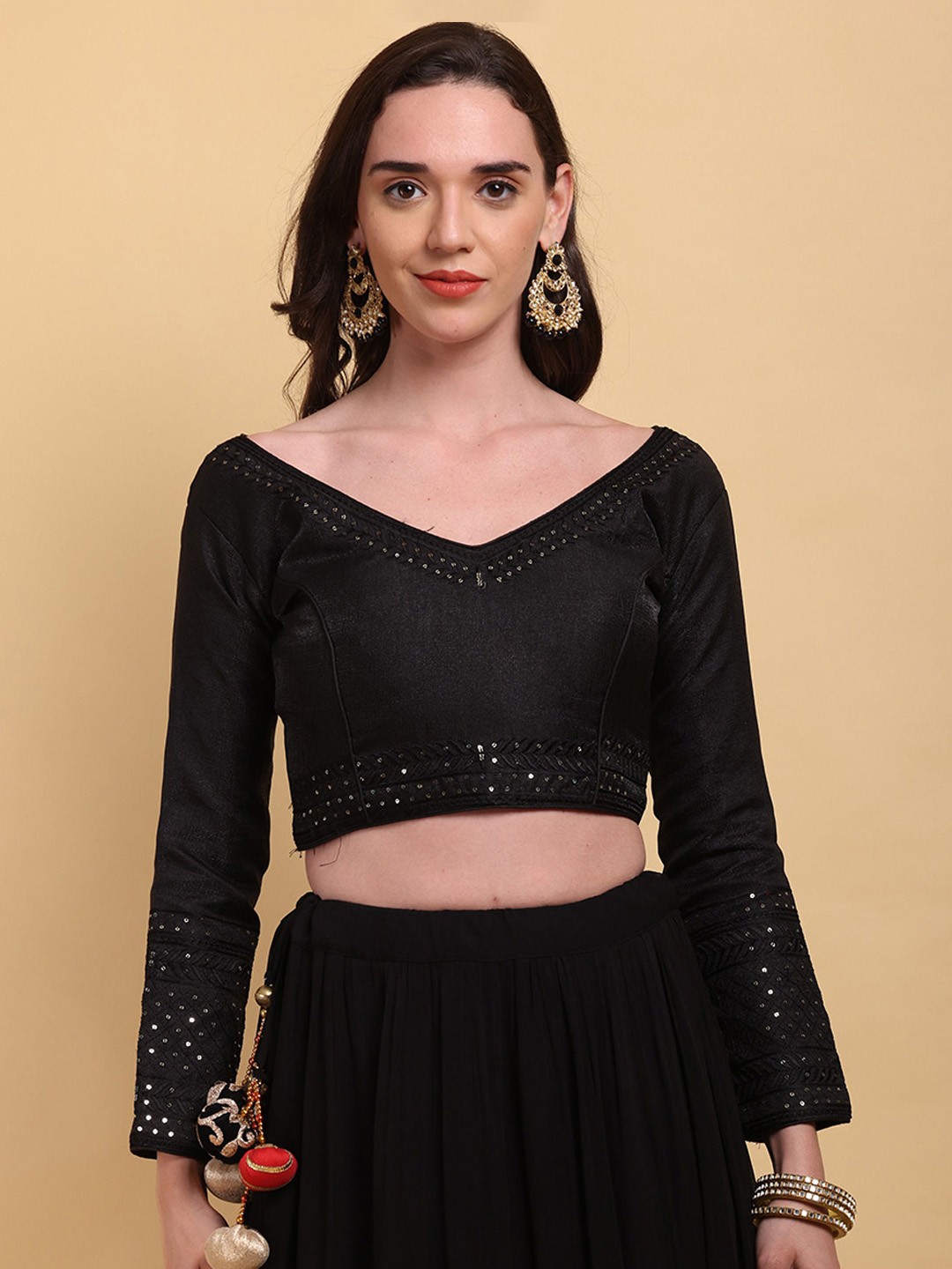 

Globon Impex Embroidered Long Sleeves Saree Blouse, Black