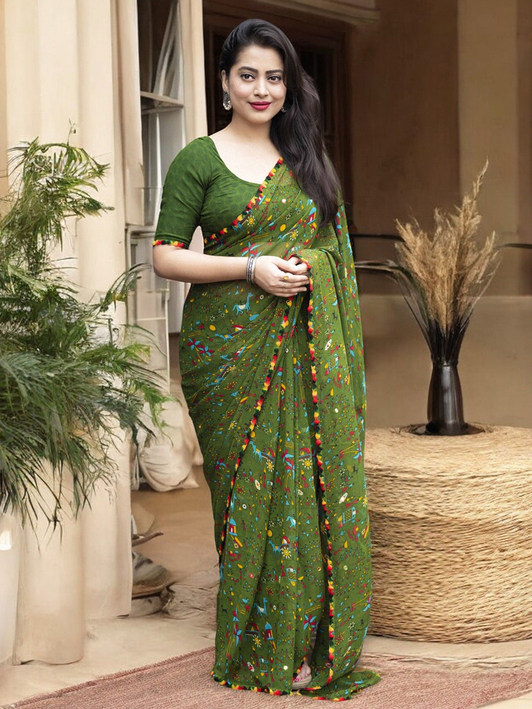 

The Textile Hub Pure Georgette Warli printed Saree, Green