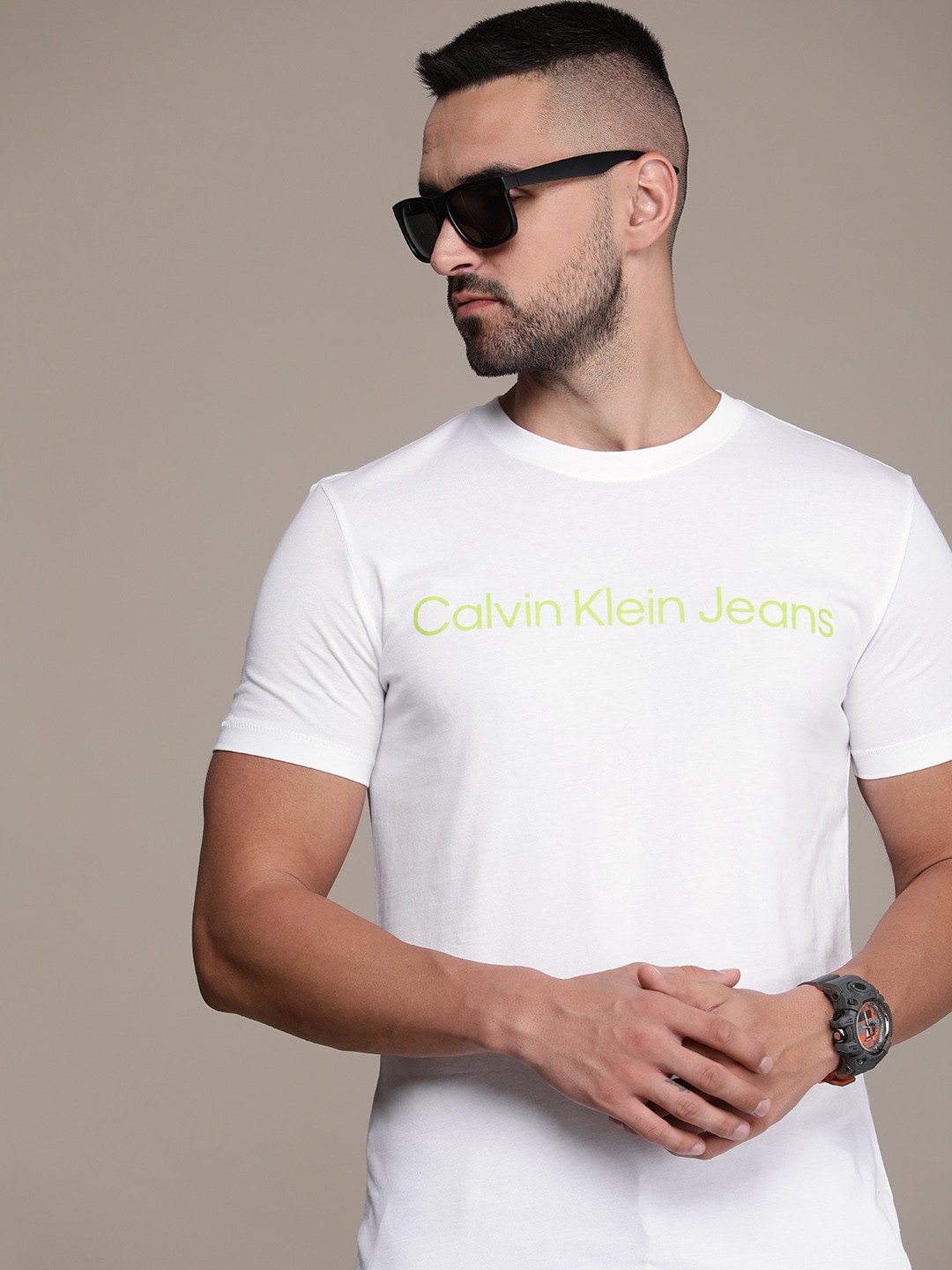 

Calvin Klein Jeans Men Brand Logo Printed Pure Cotton Slim Fit T-shirt, White