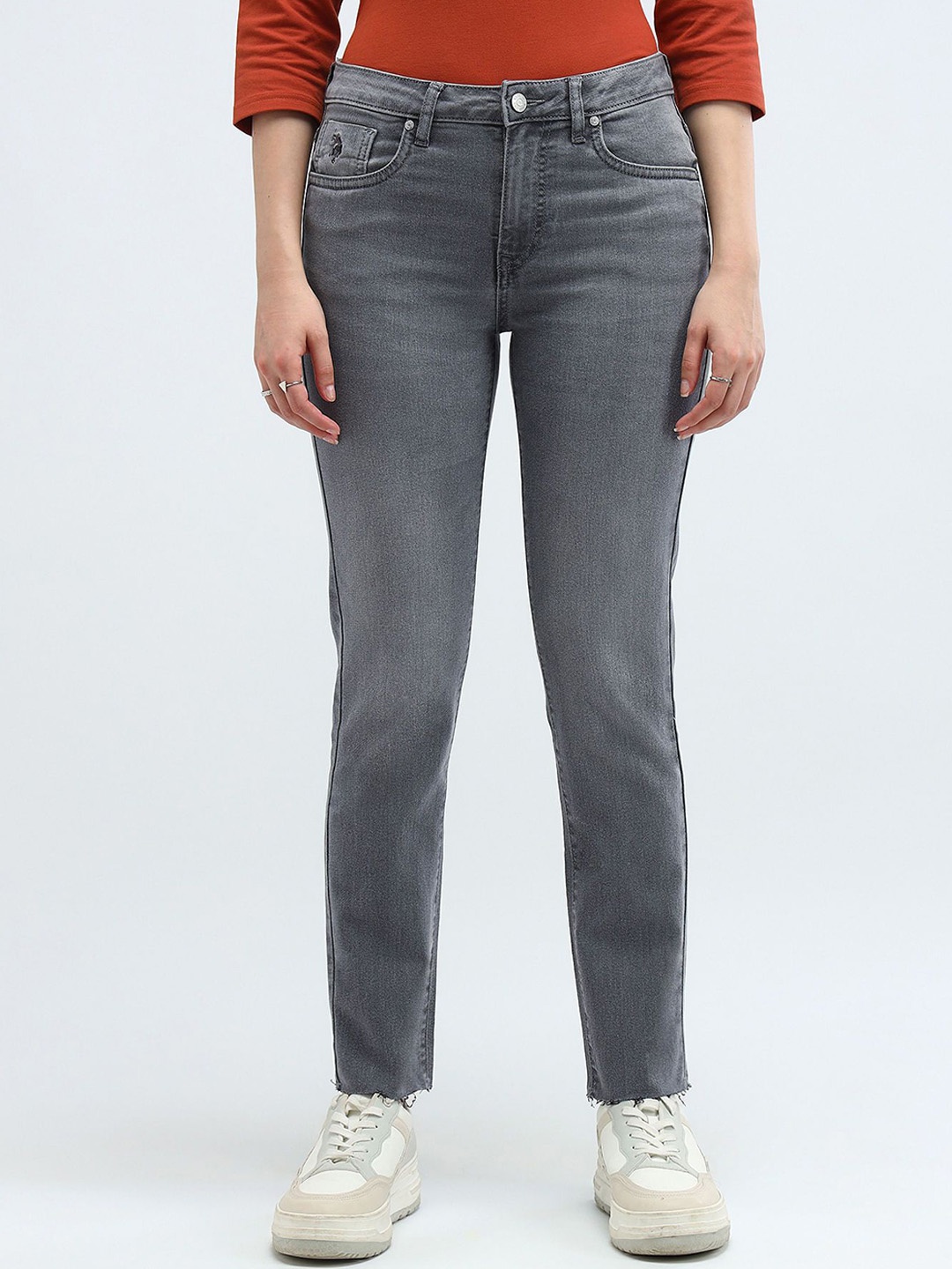 

U.S. Polo Assn. Women Slim Fit Mid-Rise Light Fade Stretchable Jeans, Grey