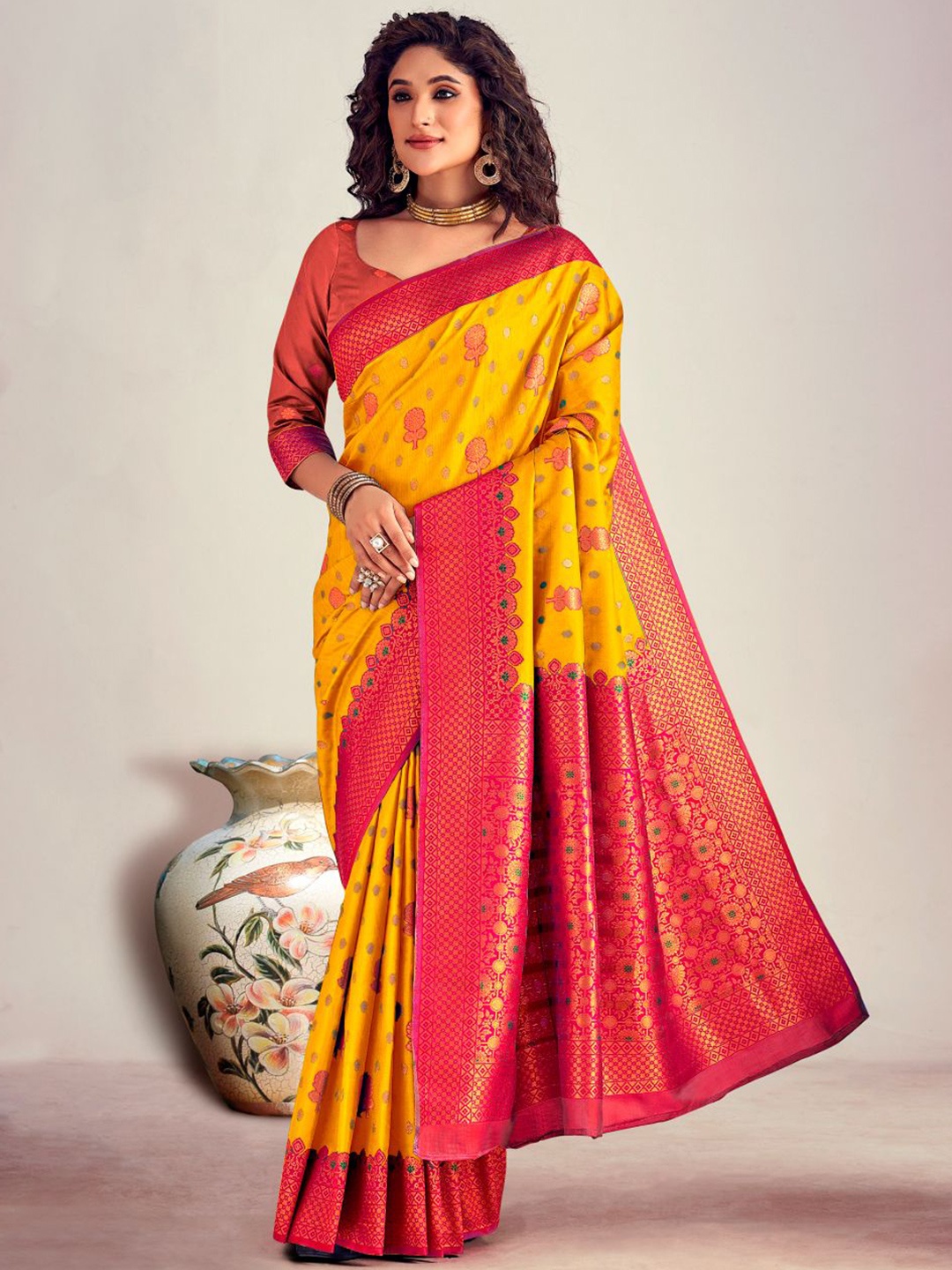 

NK Textiles Woven Design Zari Silk Blend Banarasi Saree, Yellow