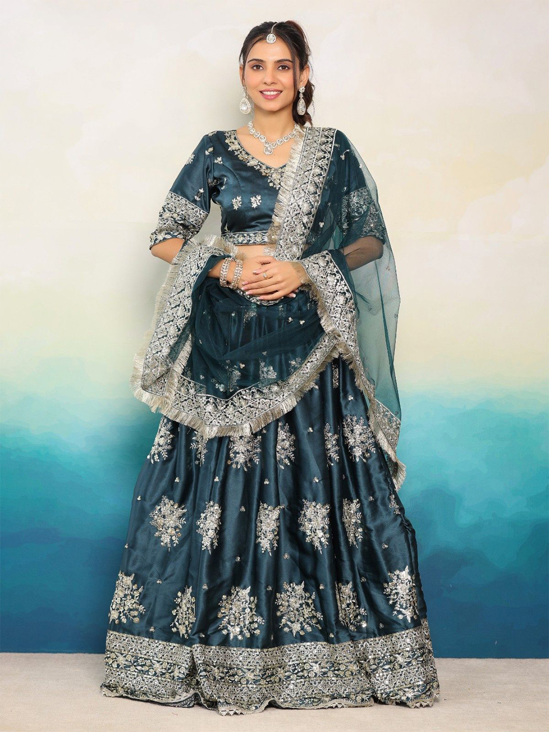 

Futra Gabha Embellished V-Neck Sequinned Satin Ready to Wear Lehenga & Blouse With Dupatta, Green