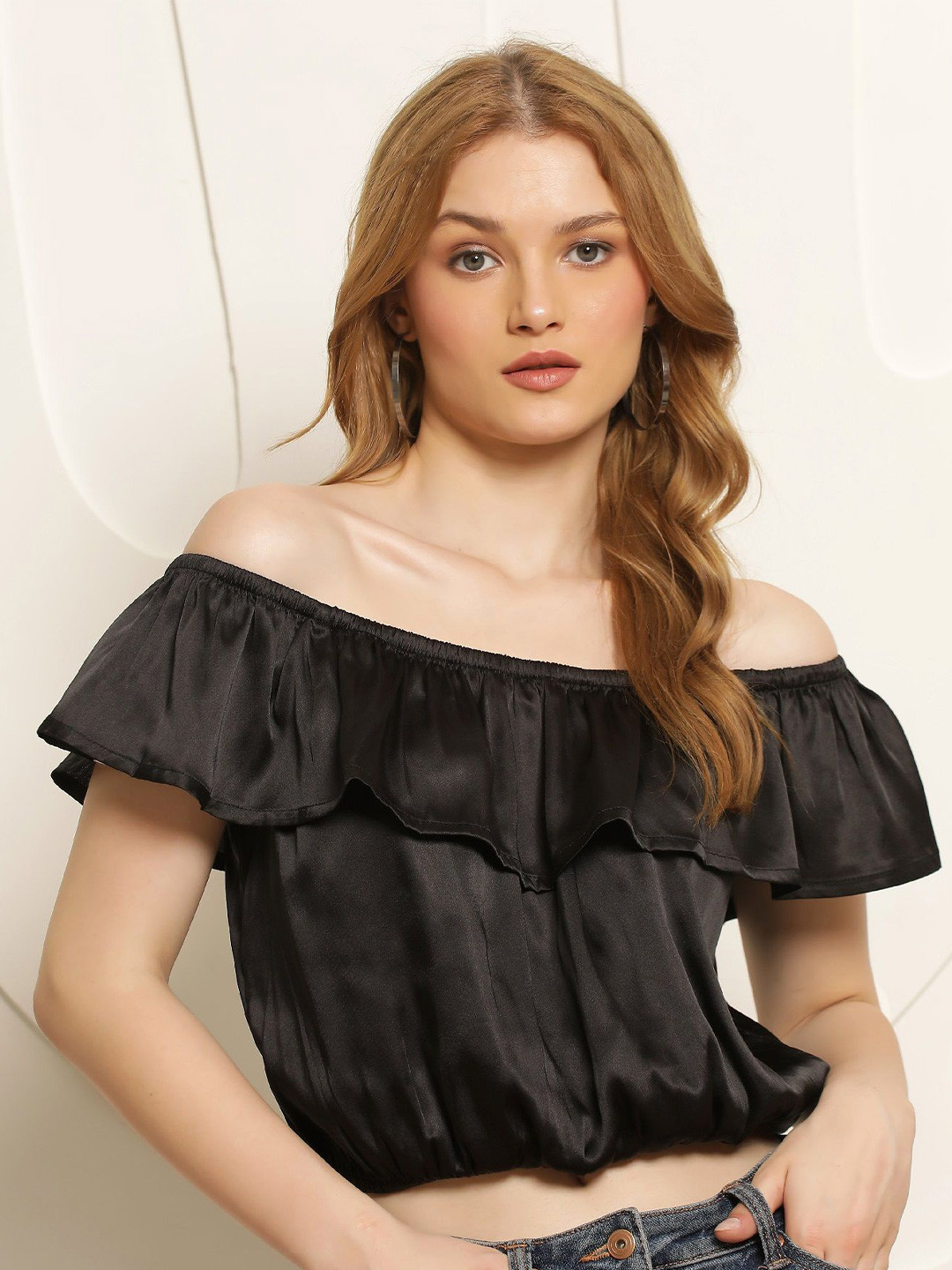

Rue Collection Off-Shoulder Flutter Sleeve Bardot Crop Top, Black