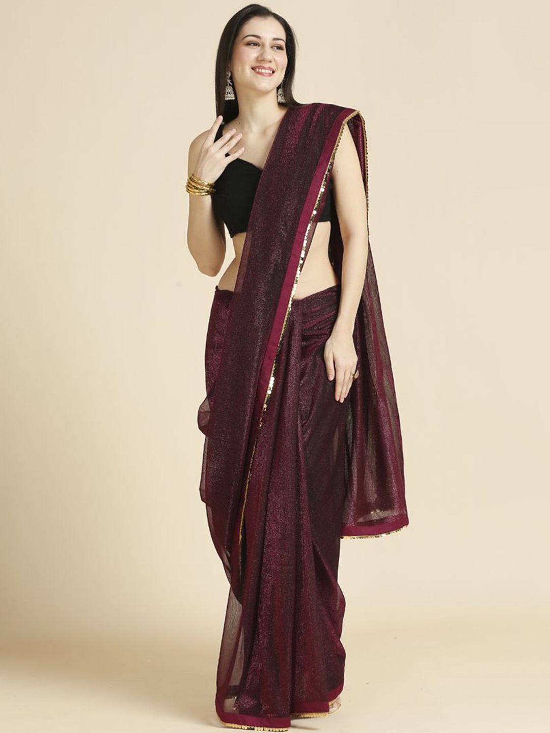 

ASISA Sequinned Supernet Saree, Maroon